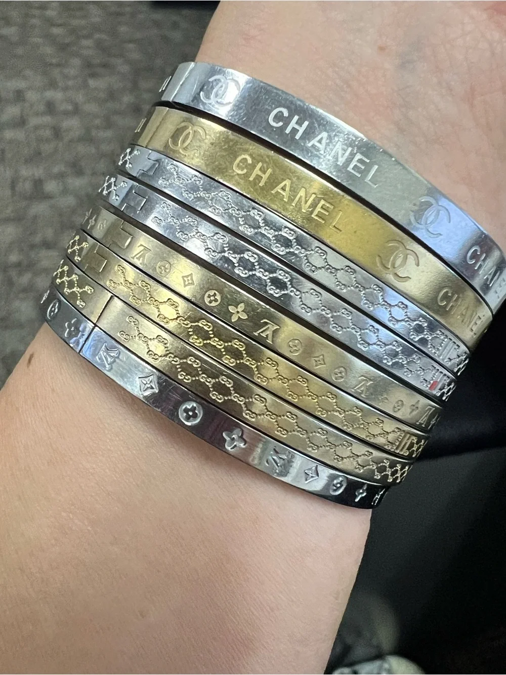 Chanel, LV, Gucci Stackable Silver and Gold Logo Bangle Set - Picture 2 of 16